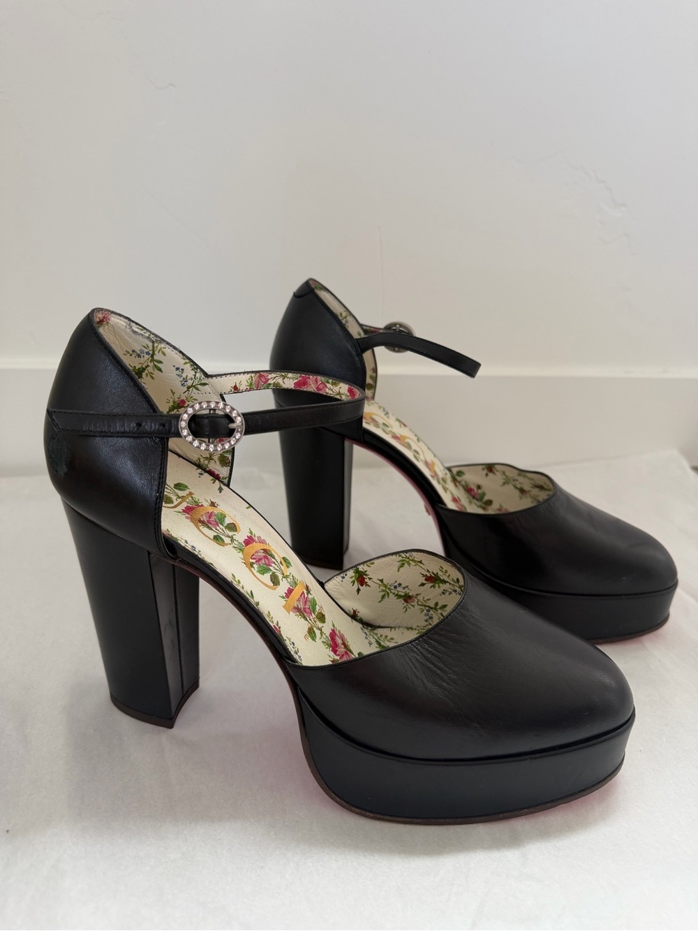 Gucci Malaga Kid Black Leather Crystal Mary Jane Platform Heels 38